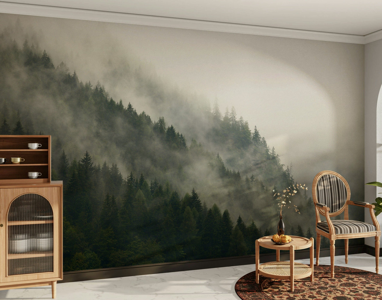 A graceful subtle tree wall mural in cool, natural tones.

