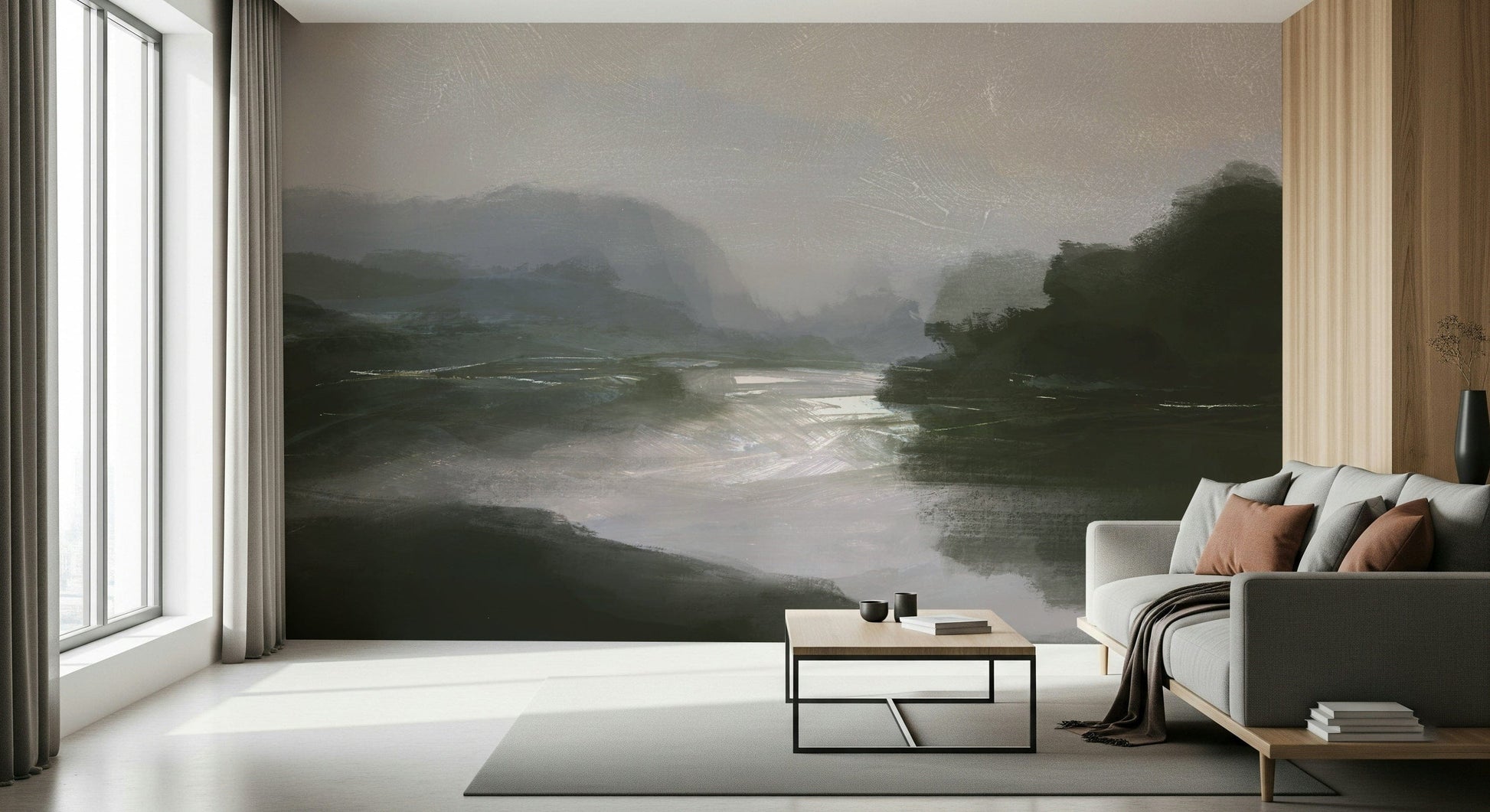 A peaceful open river mural on decorative wallpaper.