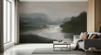 A peaceful open river mural on decorative wallpaper.