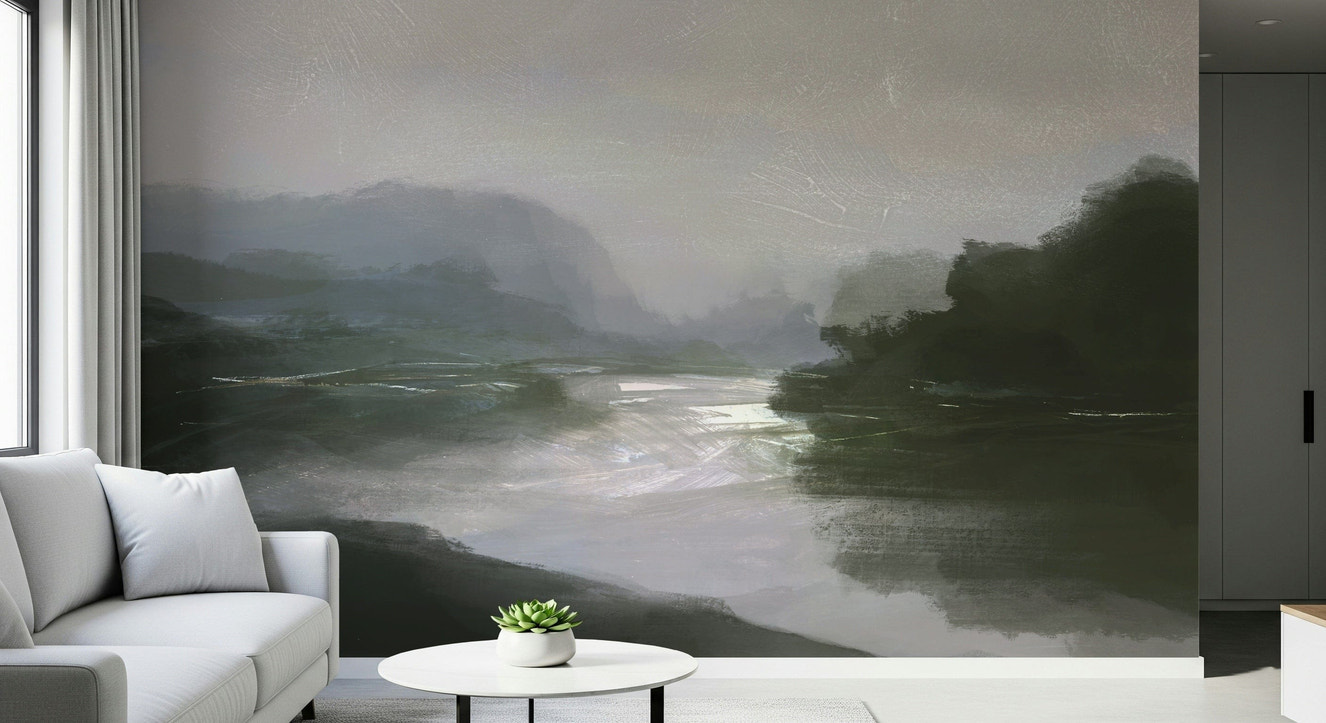 A beautiful serene river wallpaper mural with a misty, tranquil view.