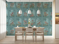 Dark floral wall mural behind a velvet sofa in an urban apartment.