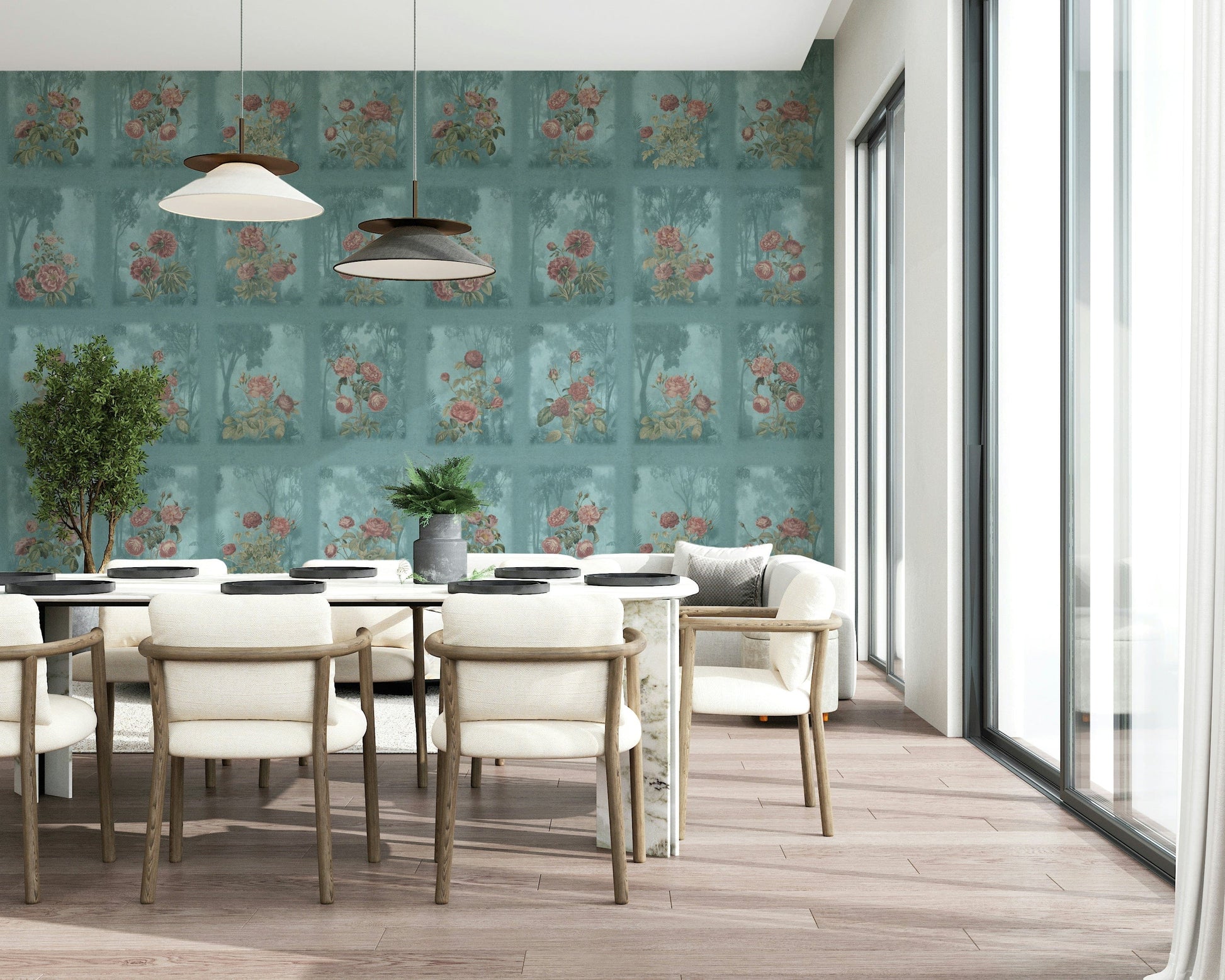 Romantic botanical wallpaper in a bright nursery with white furniture.