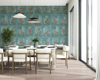 Romantic botanical wallpaper in a bright nursery with white furniture.