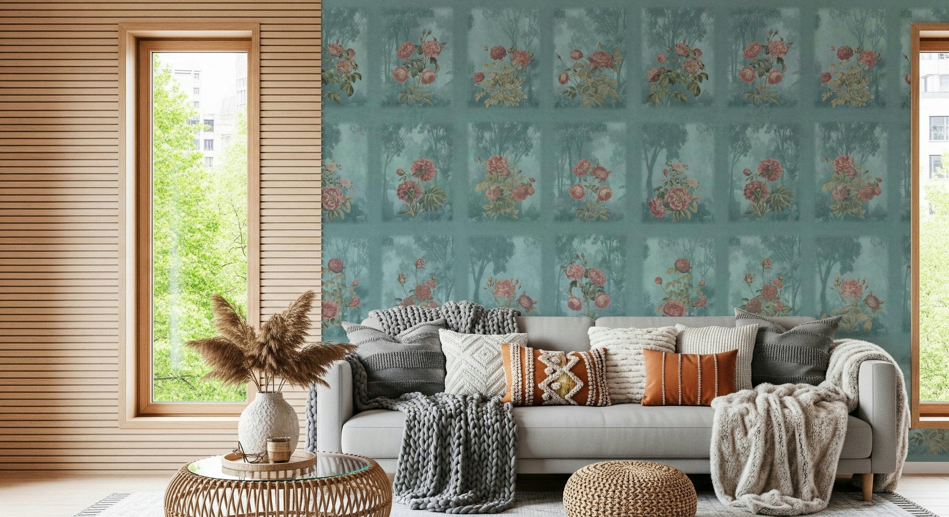 Artistic rose wall art for a bathroom with modern brass fixtures.