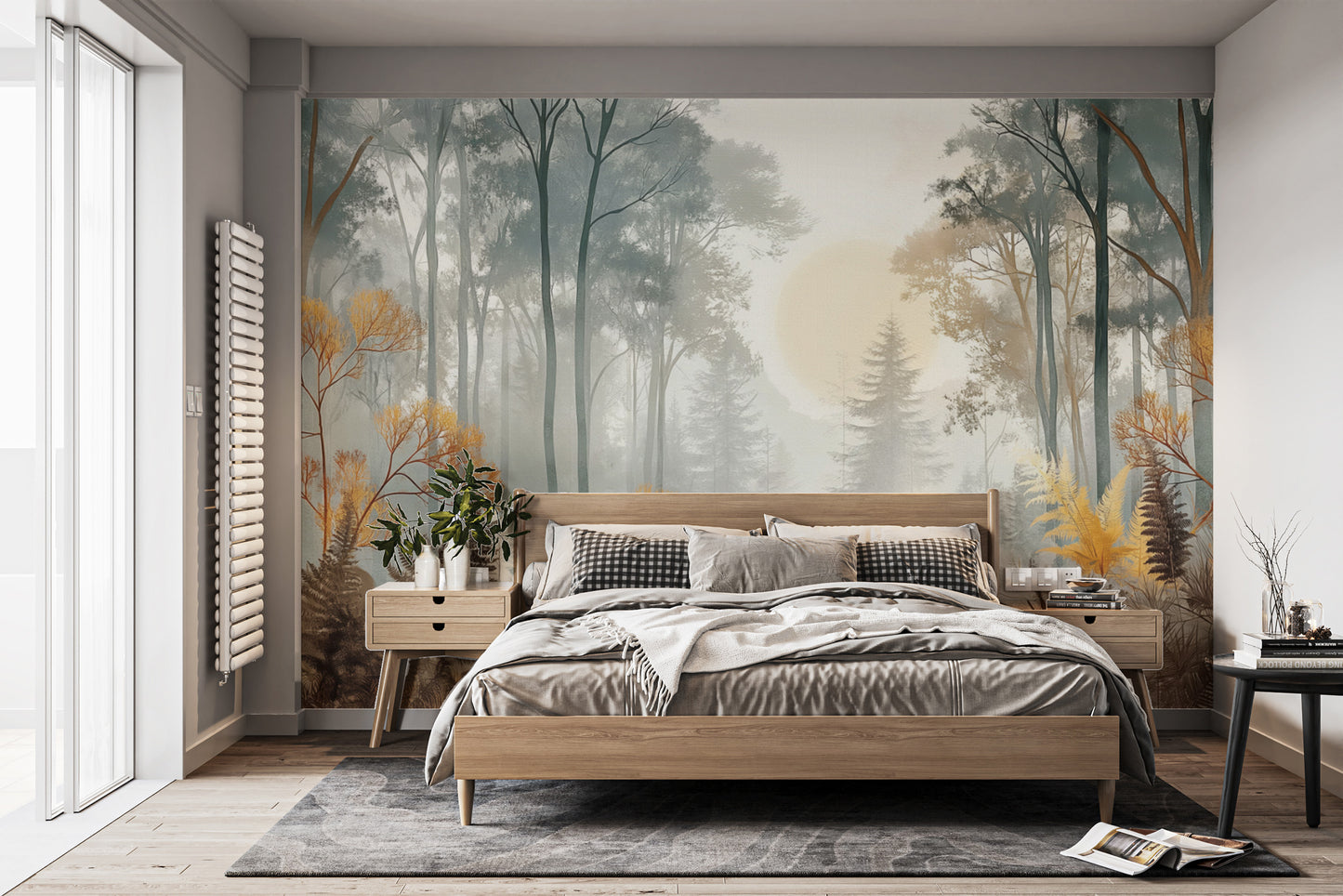 Misty Sunlit Forest Wall Mural