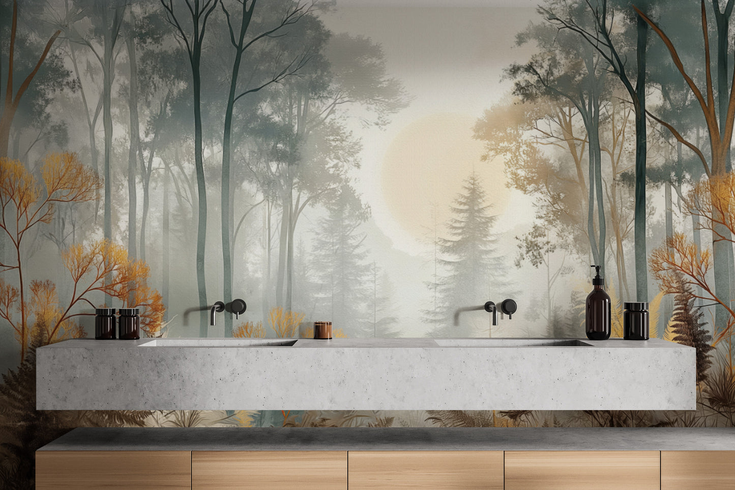 Misty Sunlit Forest Wall Mural