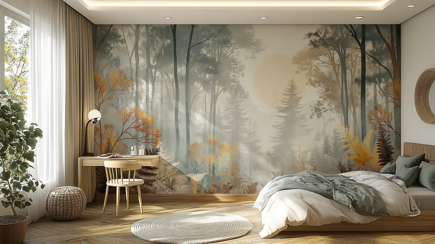 Misty Sunlit Forest Wall Mural