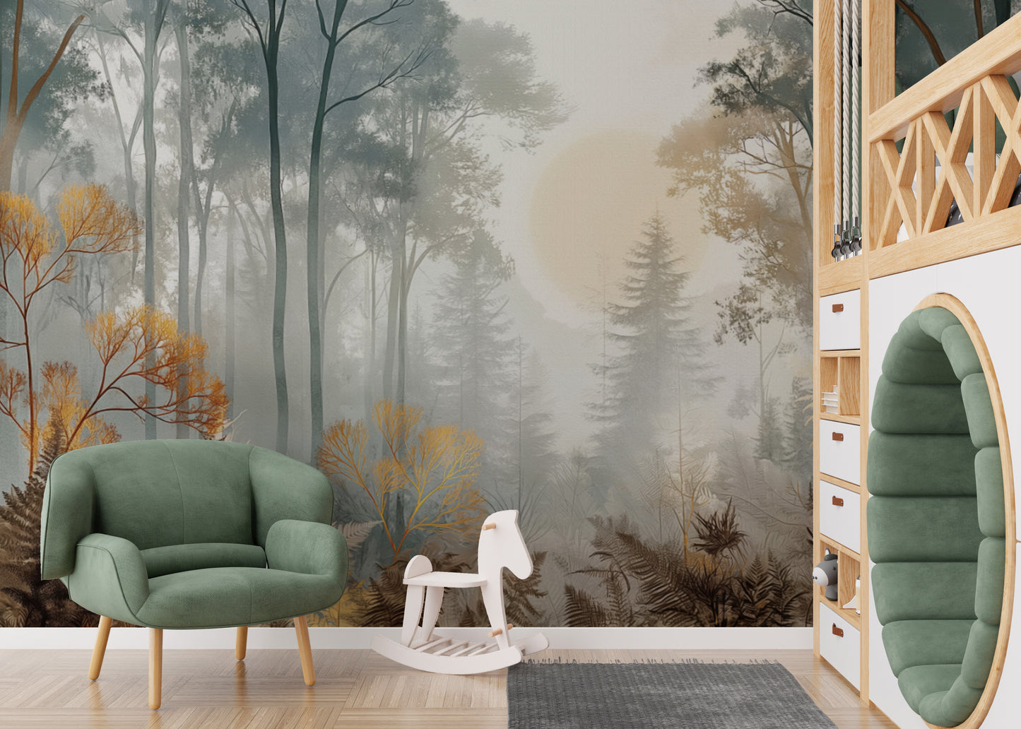 Misty Sunlit Forest Wall Mural