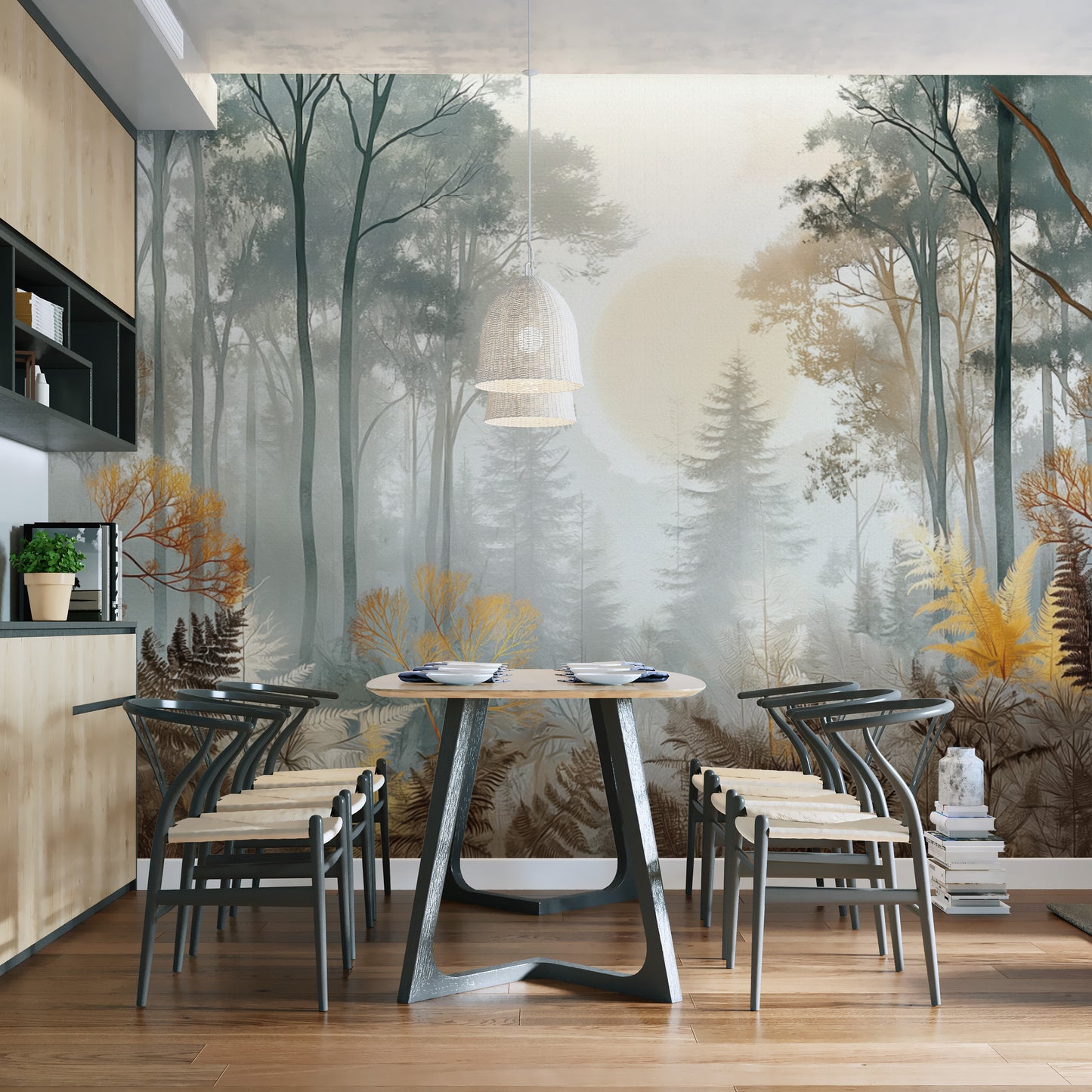 Misty Sunlit Forest Wall Mural