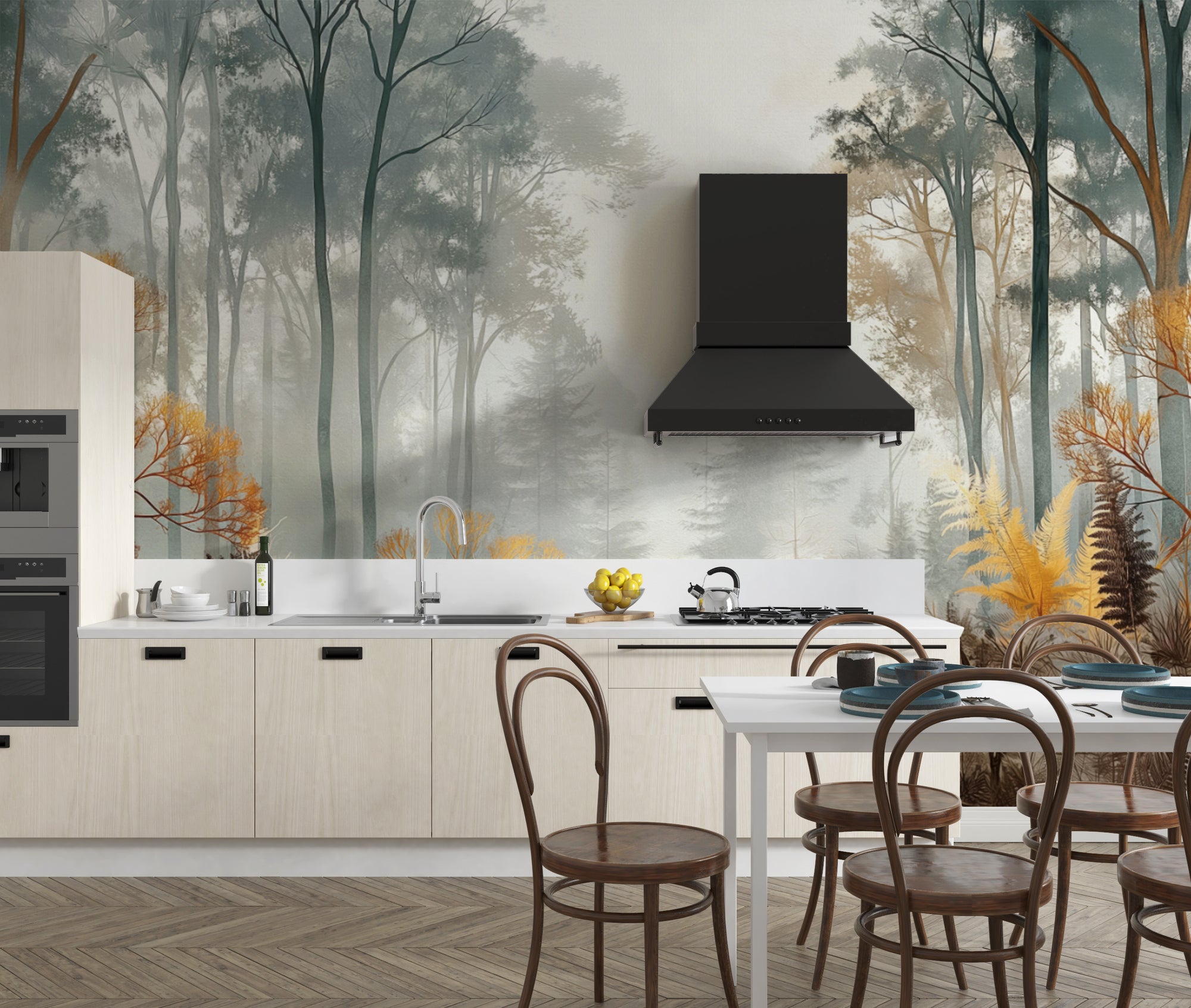 Misty Sunlit Forest wall mural with grey-green trees and golden foliage behind light wood cabinets in a kitchen
