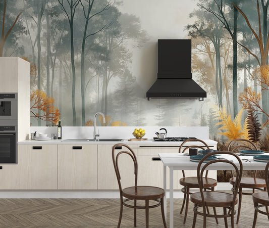 Misty Sunlit Forest Wall Mural