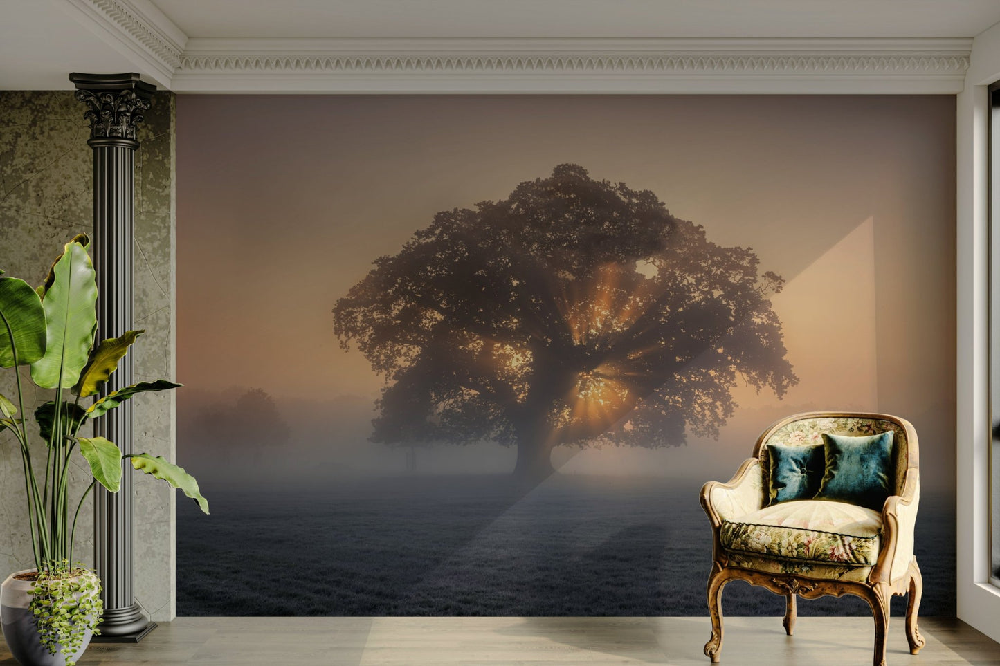 A wall mural of a misty sunrise scene.

