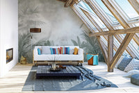Neutral-toned jungle wallpaper with layered palm leaves
