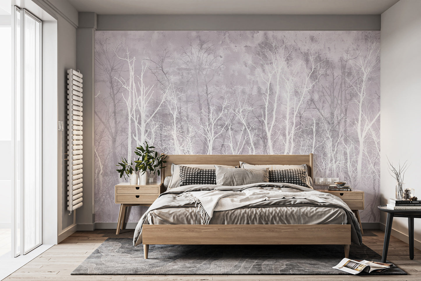 Misty Winter Forest wall mural with white bare tree silhouettes in soft lilac tones behind a wooden bed in a bedroom