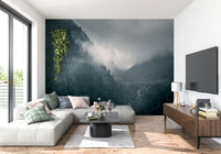 Gloomy wall art, canyon river, cold peaks, cinematic wall covering.