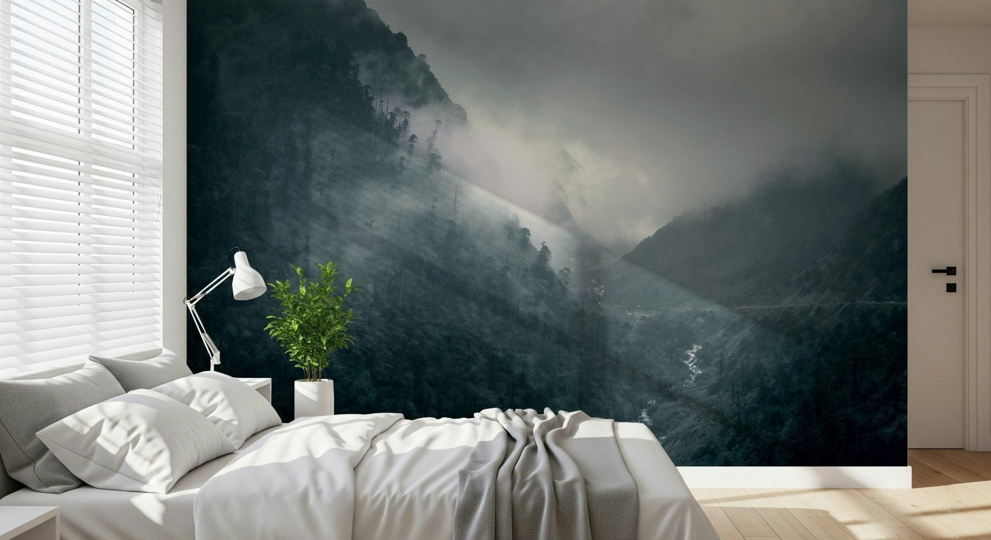 Misty Woodland Cascade, damp forest, looming mountains, intense natural view.