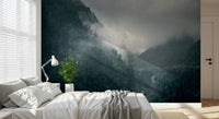 Misty Woodland Cascade, damp forest, looming mountains, intense natural view.
