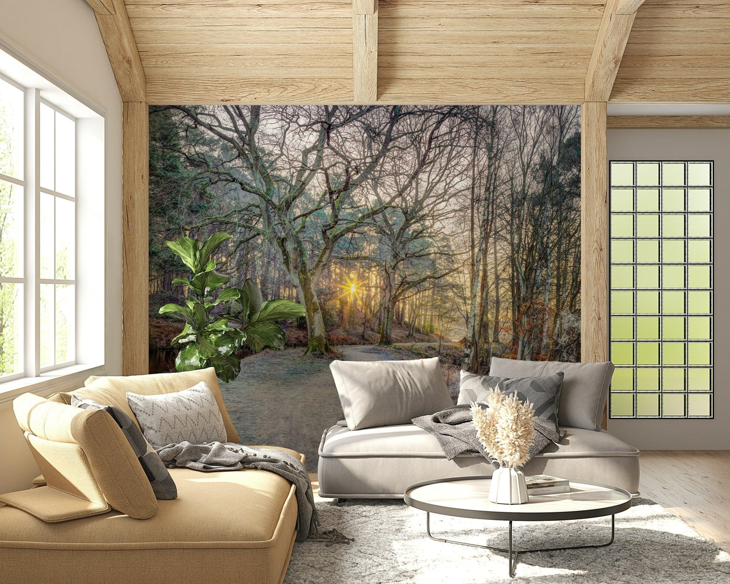 Misty Woodland Glare mural above beige and grey sofas under a wood-beam ceiling in a bright living room