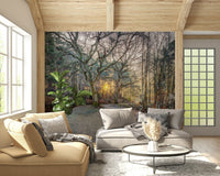 Misty Woodland Glare mural above beige and grey sofas under a wood-beam ceiling in a bright living room