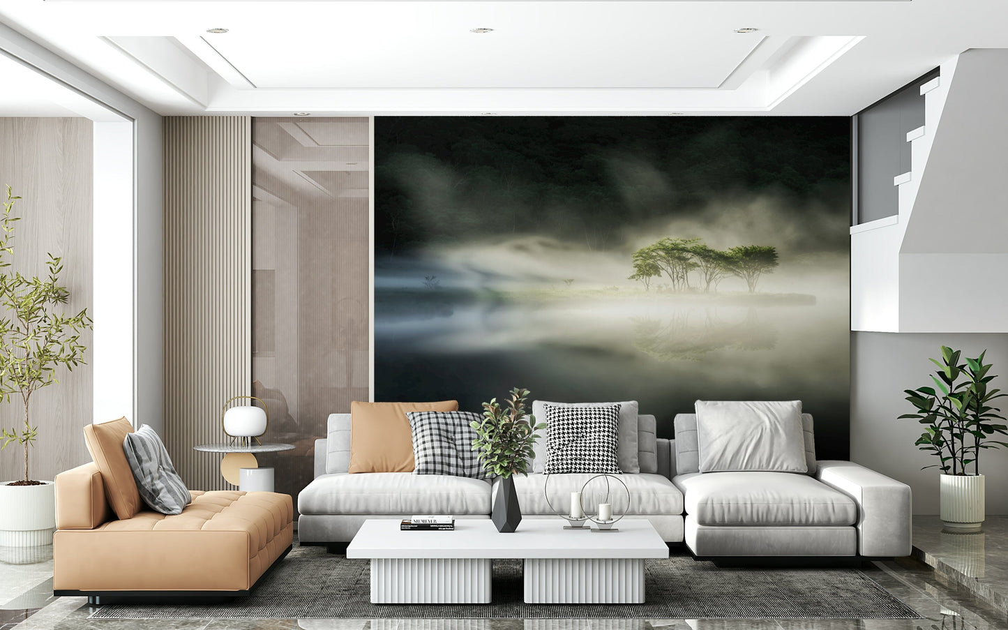 Monochrome Woodland Veil print, soft fog swirling around illuminated foliage.