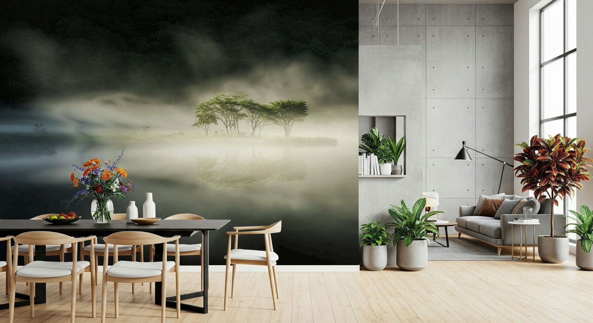 Monochrome Woodland Veil mural showing serene water reflection.