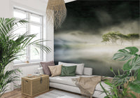 Monochrome Woodland Veil wall mural featuring misty forest trees.