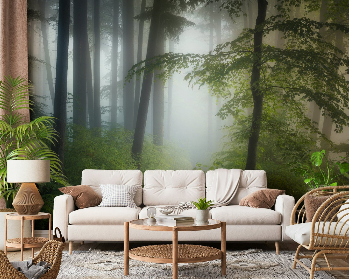 Green forest wall mural defines calm sitting area