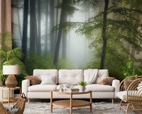Green forest wall mural defines calm sitting area
