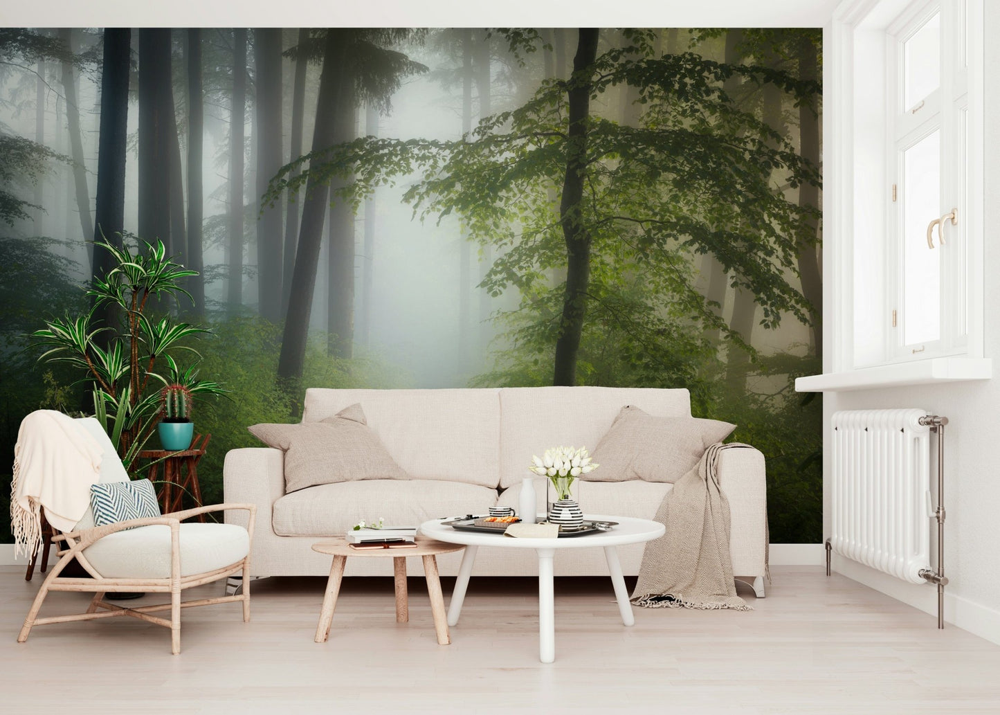Enchanted forest wall mural warms rustic lounge room