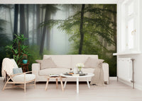 Enchanted forest wall mural warms rustic lounge room