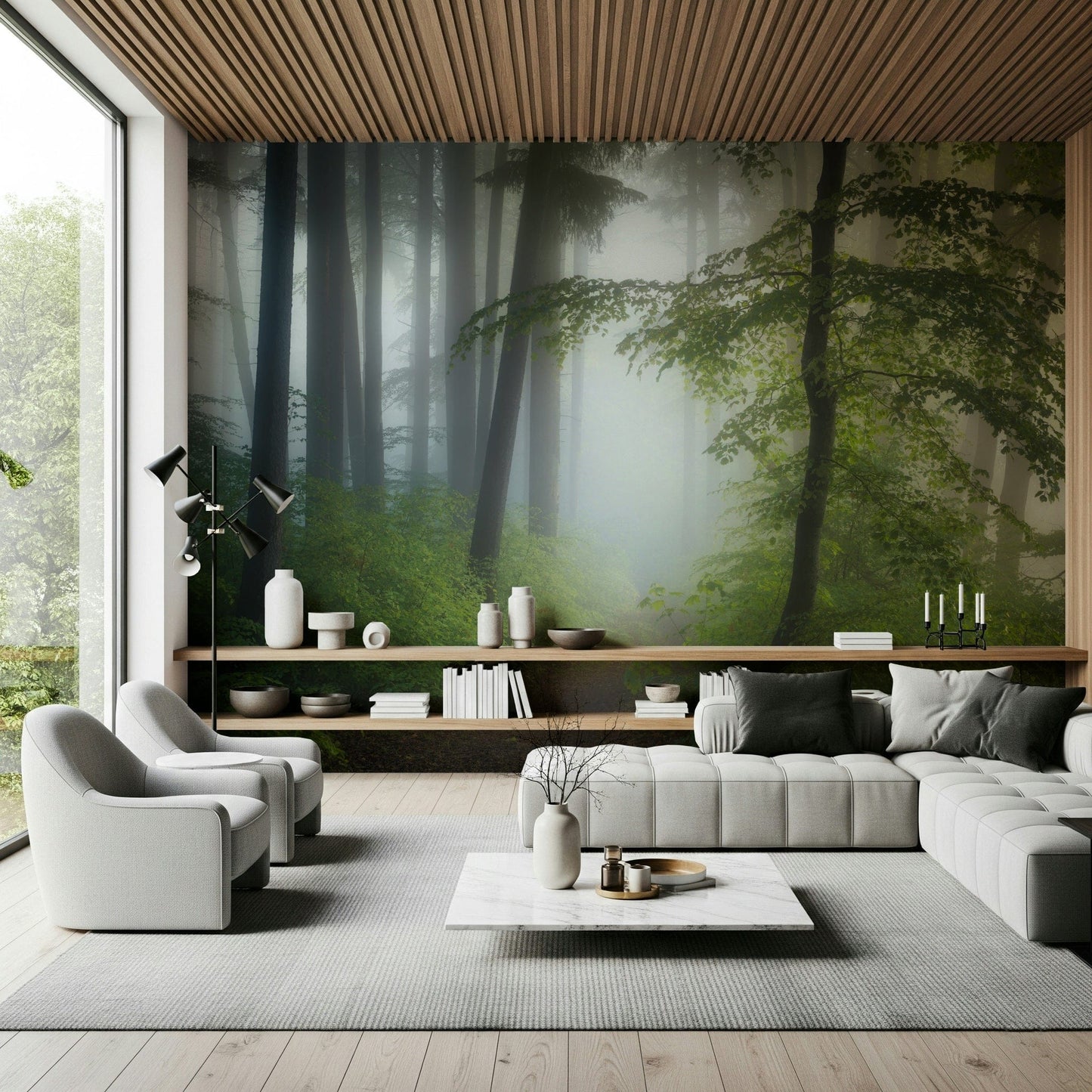 Foggy trees wall mural adds depth to bedroom design