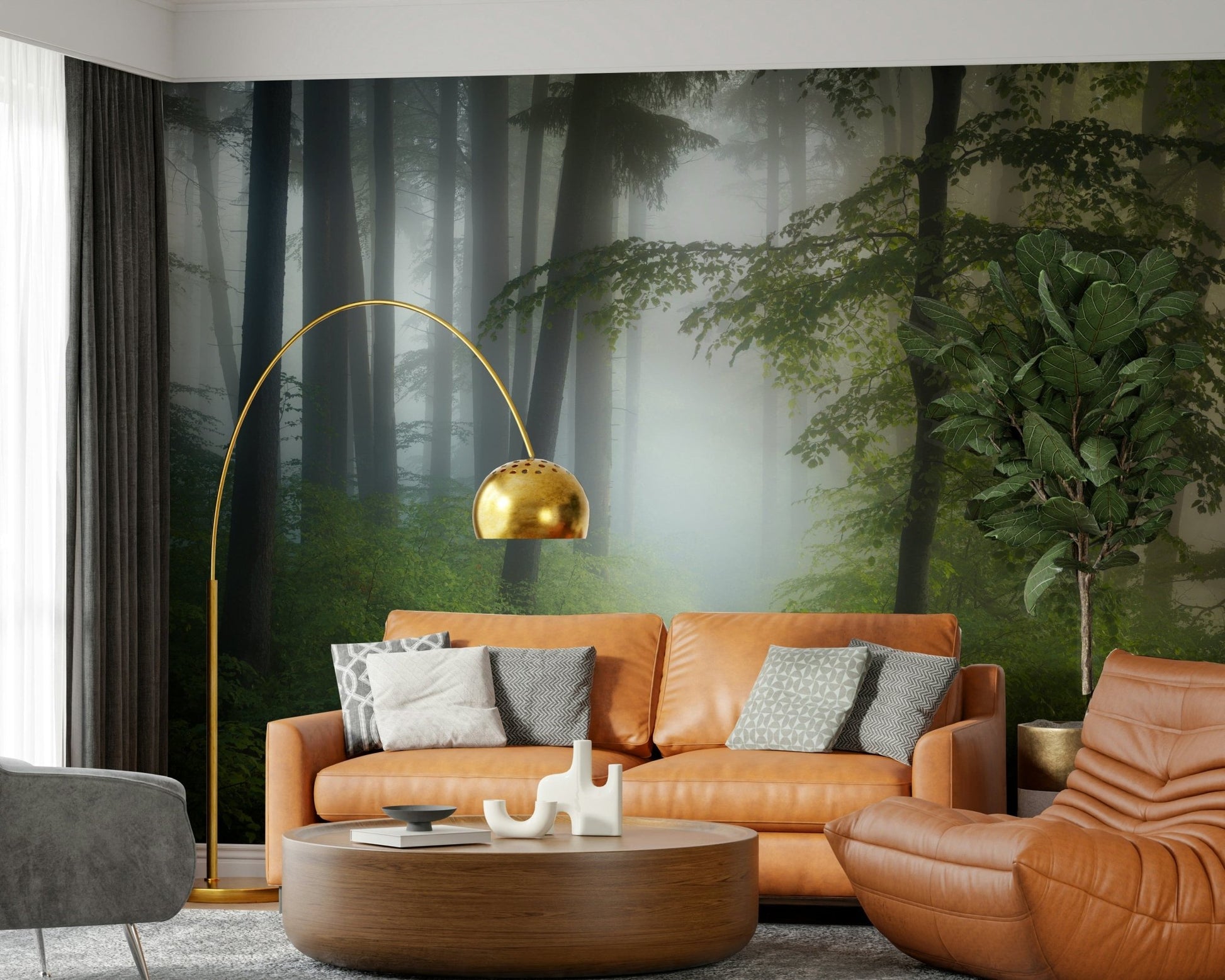 Scenic woods wall mural highlights bright hallway wall