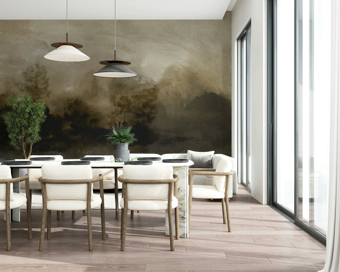 A beautiful wide-angle wall mural of a hazy wood.