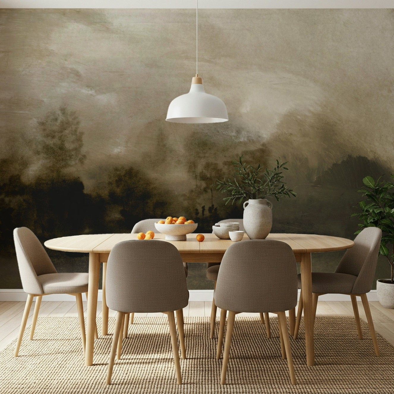 A peaceful woodland vista mural on decorative wallpaper.