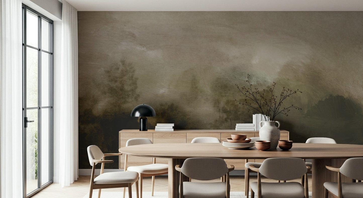 A tranquil misty woods wall mural for your decor.