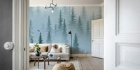 Misty forest wall mural in neutral tones