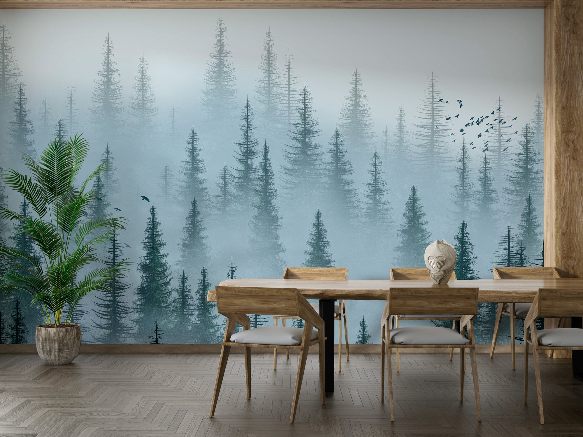 Nature-inspired wall mural of foggy woods