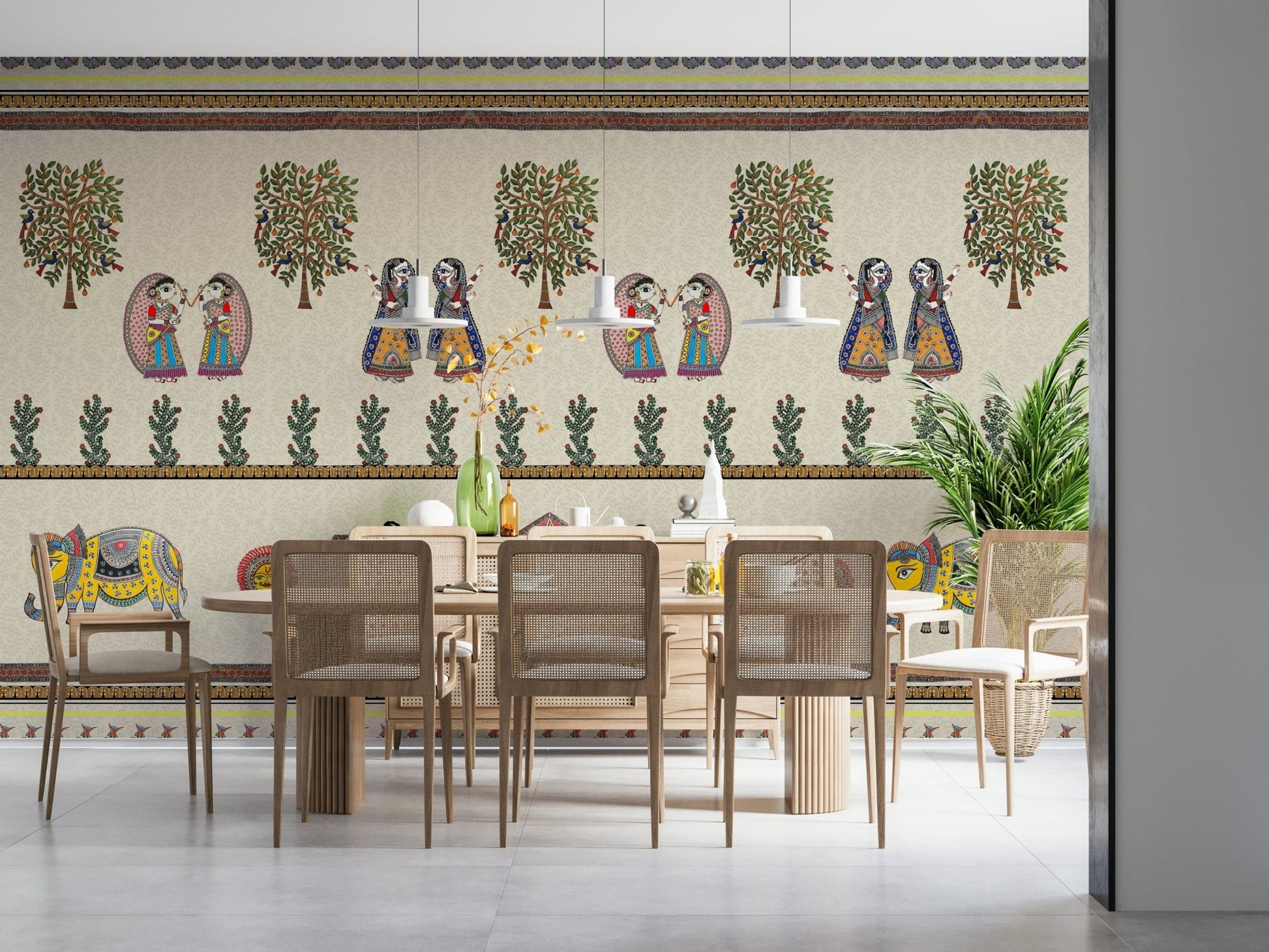 Close view of Mithila Majesty mural artwork on wall