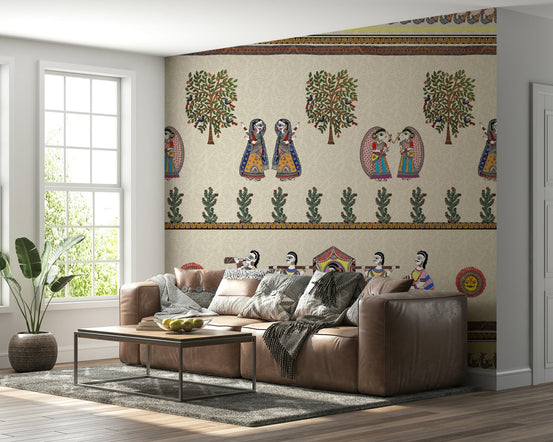 Mithila Majesty wall mural with traditional Indian folk motifs