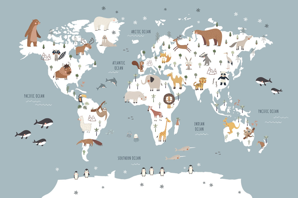 Blue Animals Map Wallpaper Mural in your room — zoomed