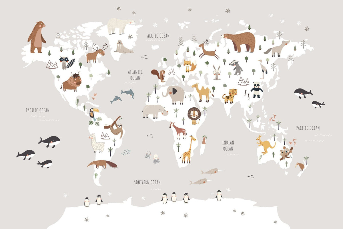 Gray Animals Map Wallpaper Mural in your room — zoomed