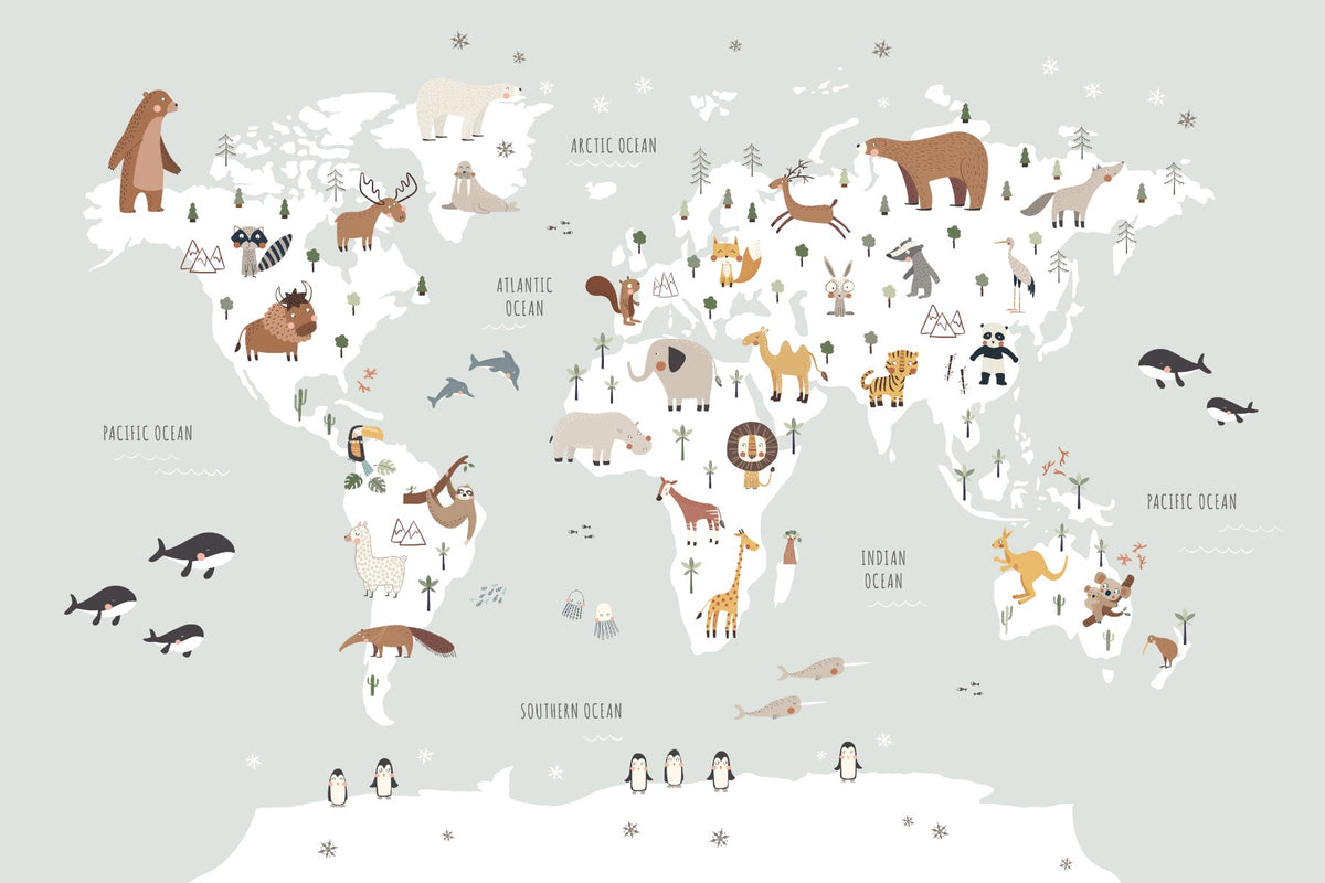 Cute Animals World Map Wallpaper Mural in your room — zoomed
