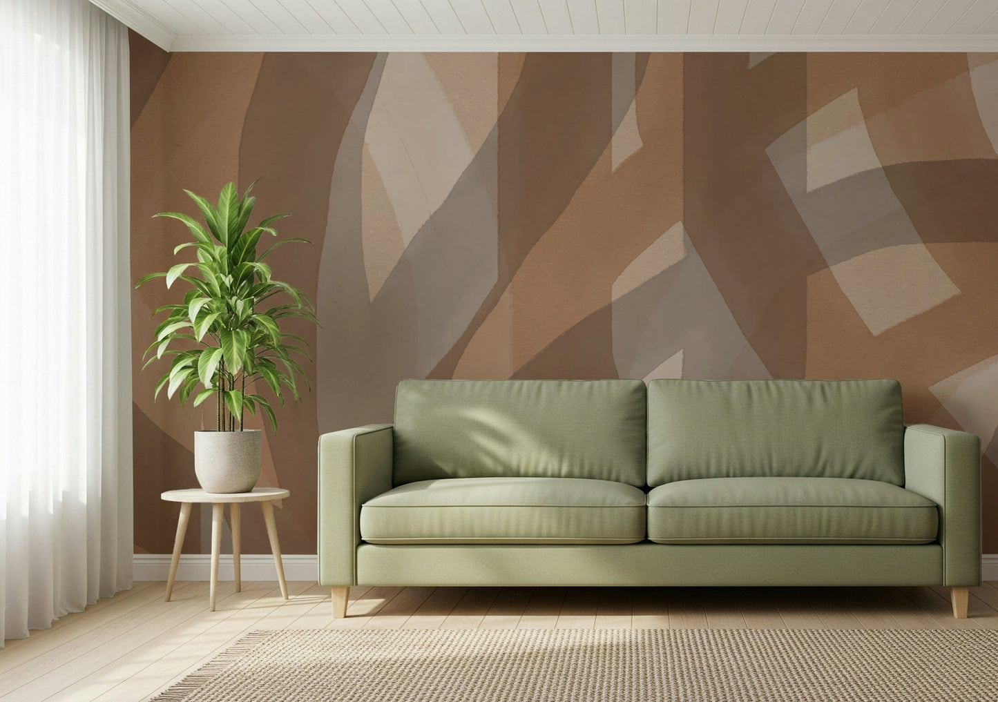 A peaceful geometric abstract mural on decorative wallpaper.

