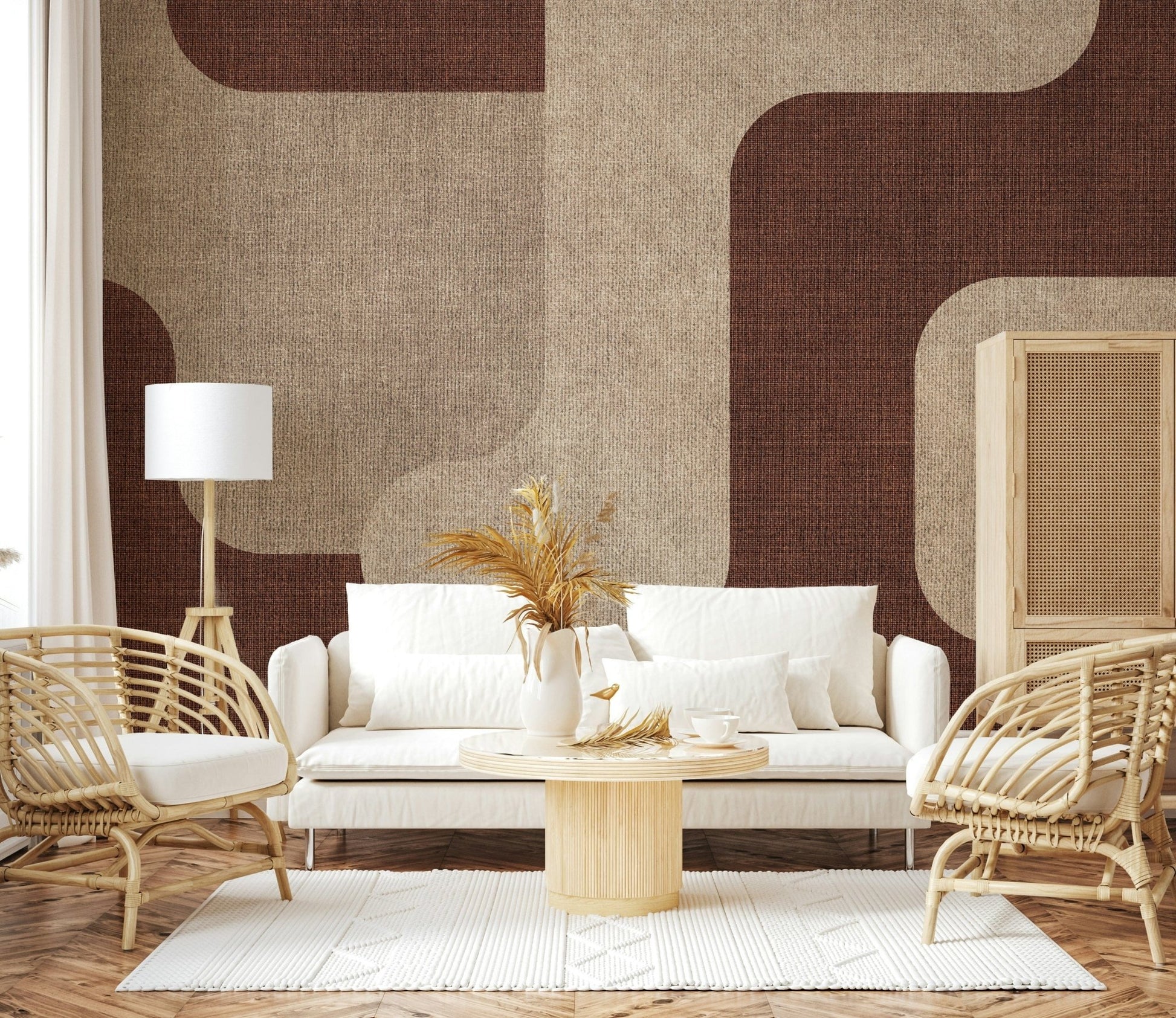 Beige and mocha shapes style this artistic wall mural.