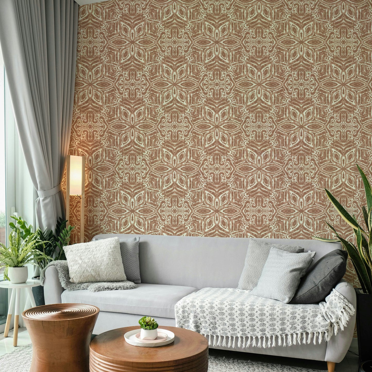 Batik-inspired brown wall mural

