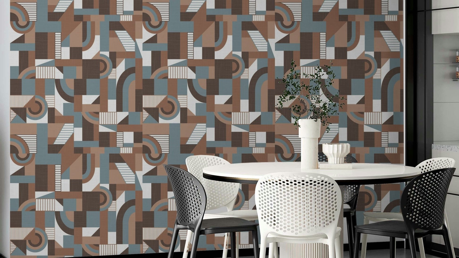 The image shows a full wall with flowing, fluid shapes.

