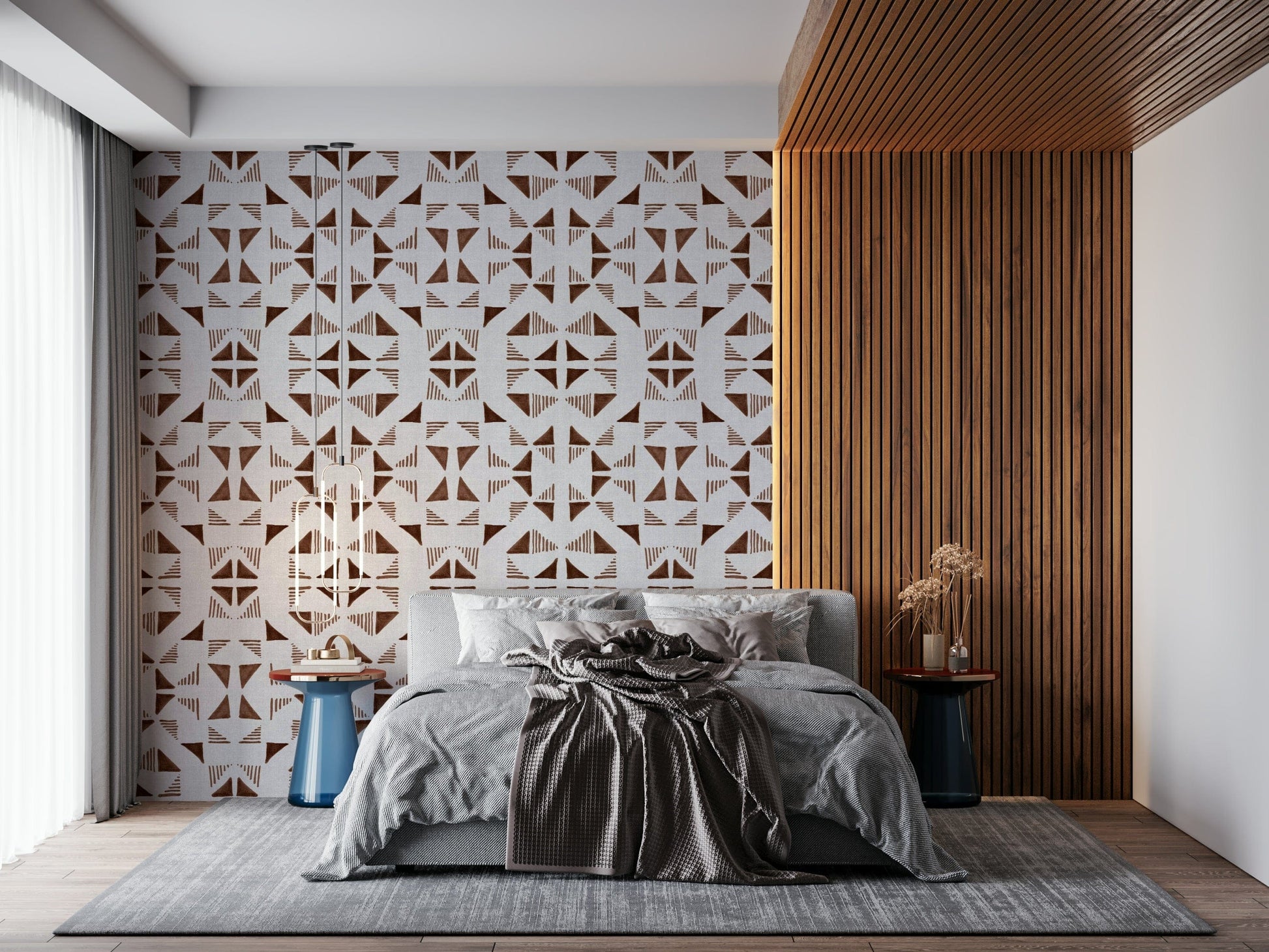 Triangles wallpaper in warm neutral shades with layered geometric patterns.