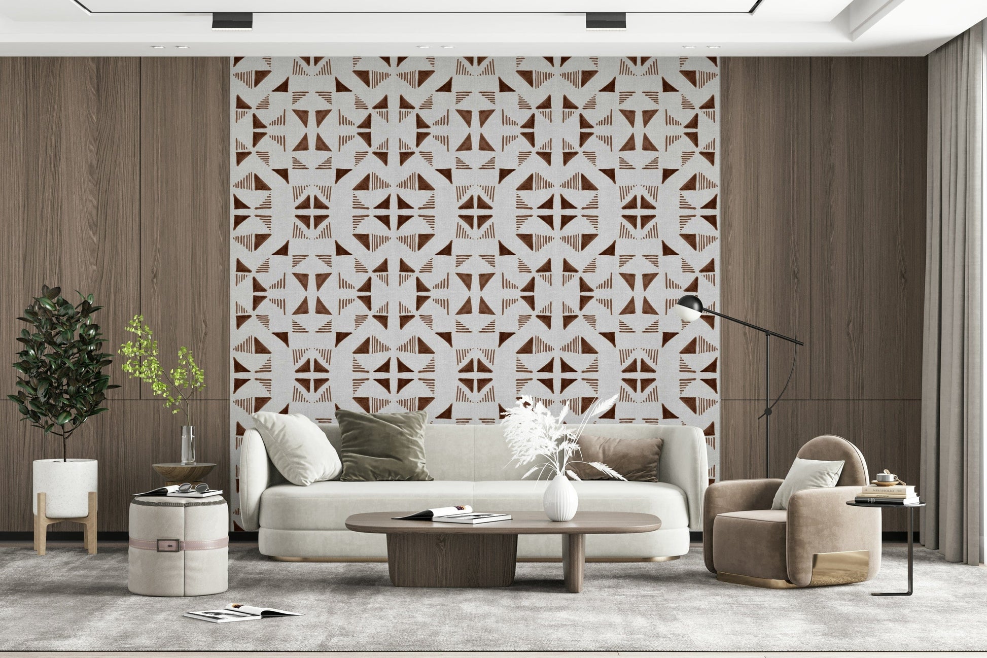 Triangles design wallpaper with warm brown and cream tones for stylish home decor.