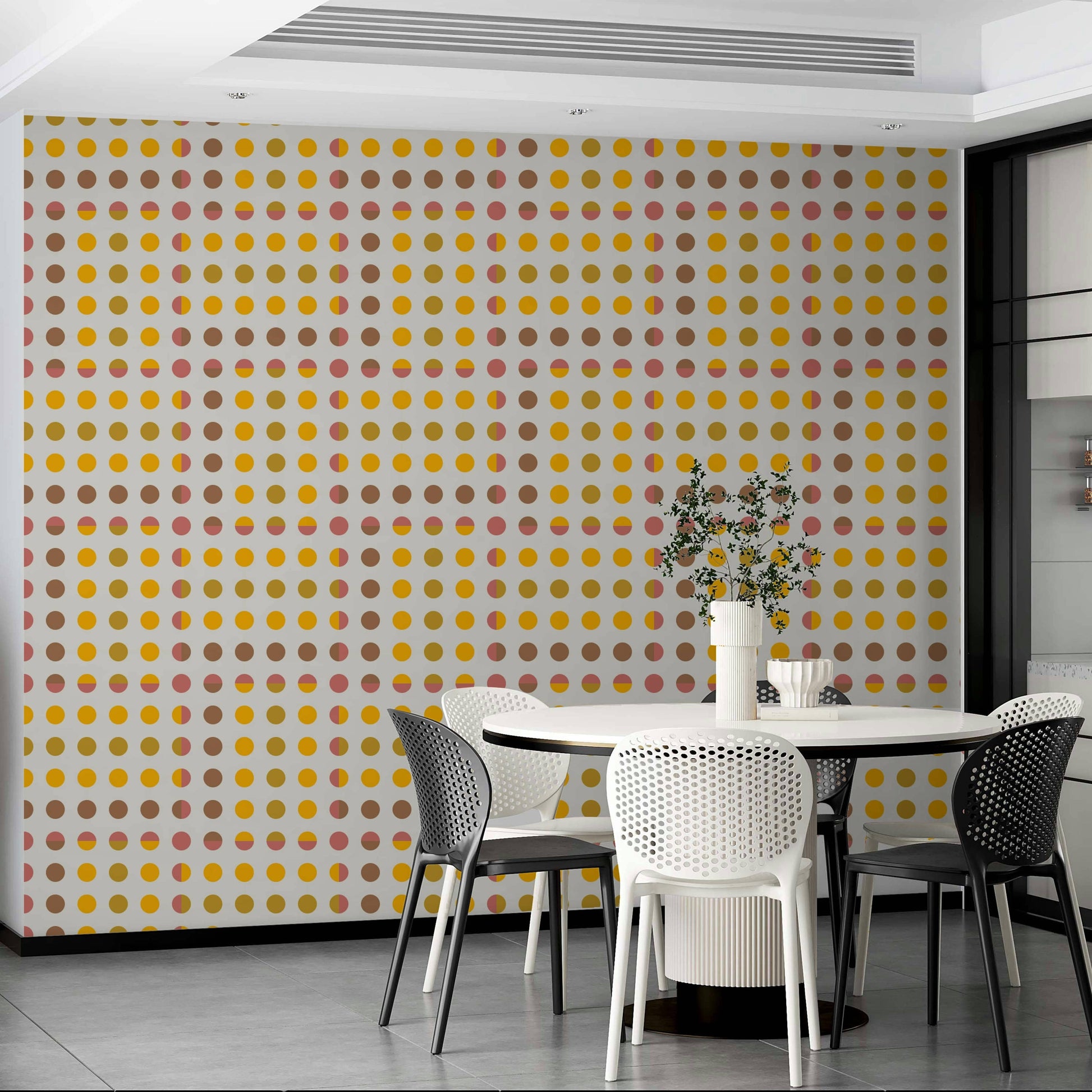 Contemporary wall decor with a repeating circle motif for a nursery.