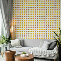 Symmetrical dot mural used as a professional backdrop for a home office.